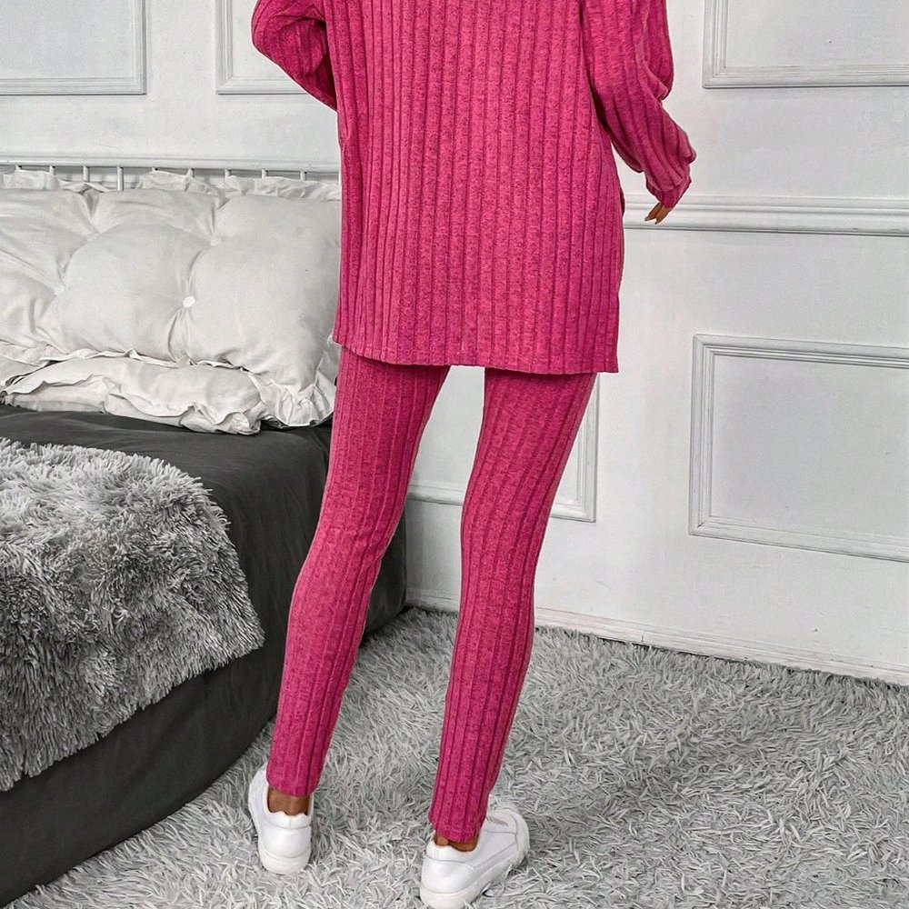 Hot Pink Casual Womens Drop Shoulder Split Hem Hoodie & Leggings - Picture 3 of 5